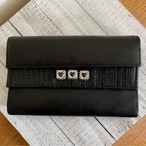 BRIGHTON Women’s Trifold Wallet Black Genuine Leather Metal Heart Details